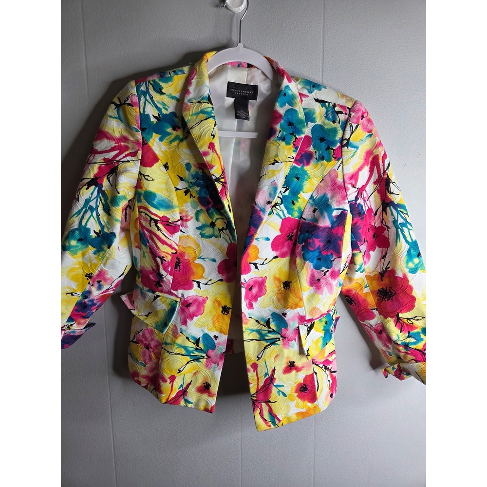 Investments Petites Floral Watercolor Blazer Yellow Pink Teal Cotton Size 6P
